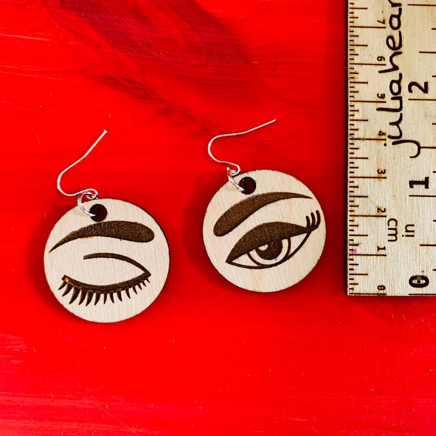 Wink Eye Engraved Woodcut Earrings